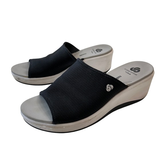 Clarks Cloudsteppers‎ Slide Sandal Wedge Lightweight Comfort Black Womens Size 9 - Picture 1 of 8